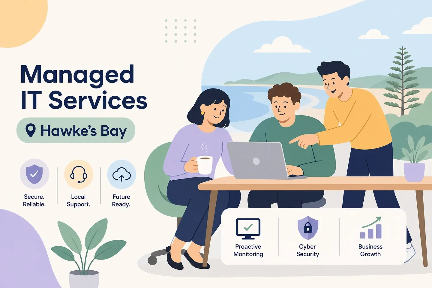 Illustration of a Hawke’s Bay team using a laptop, with managed IT support, cybersecurity and cloud services