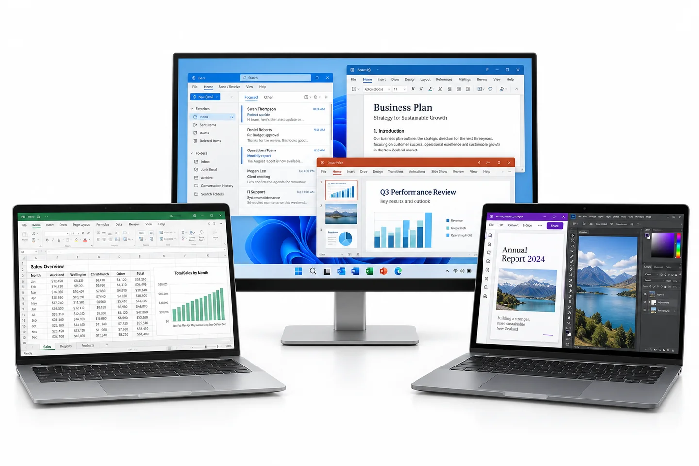 Two laptops flank a desktop monitor, displaying spreadsheets, email, documents, presentations, PDF tools and image-editing software.